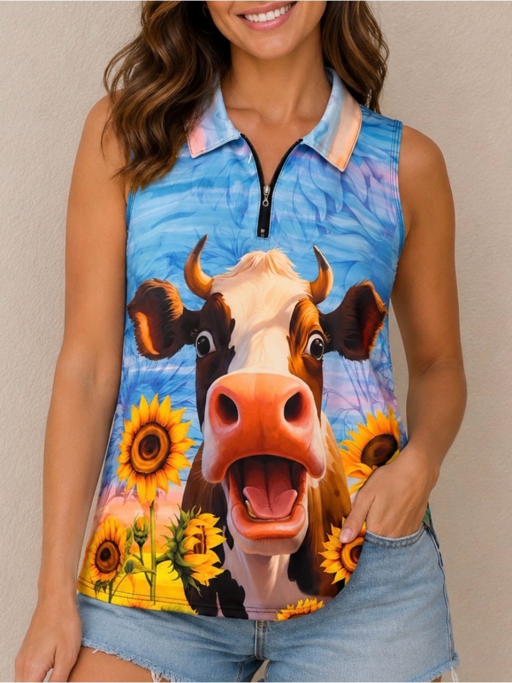 Women's Golf shirt/top sleeveless funny cow/sunflower 1/4 zip up Pickleball SZ S